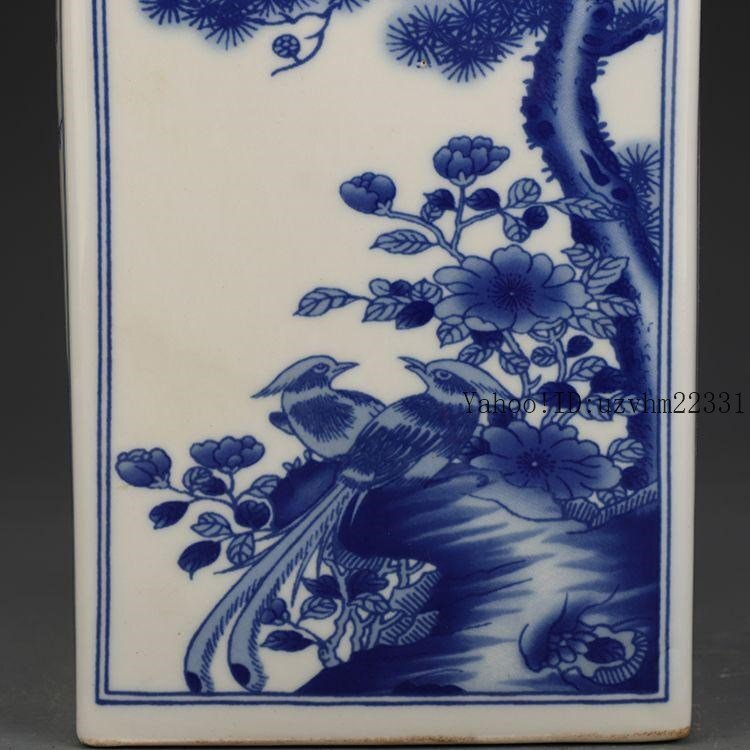 康煕青花花鳥四方蓋缶 景徳鎮 陶磁器 装飾品 現代工芸品 美術品 置物_画像9