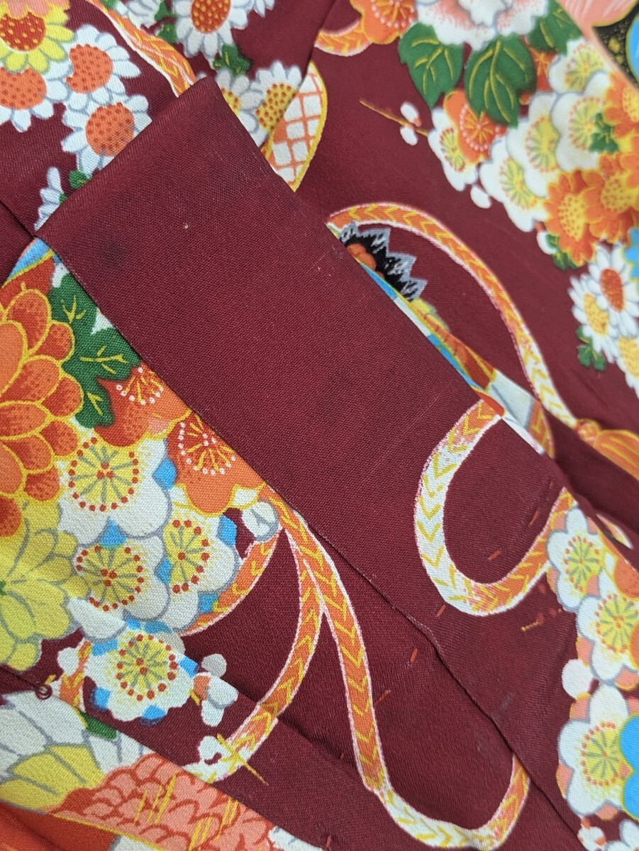 汚れあり！ 女児 着物 4点まとめ売り 和装 和服 和柄 レトロ柄 花柄 鞠 波 松 鶴 アンティーク 肩上げ腰上げ済みあり 子供着物 リメイク_画像5