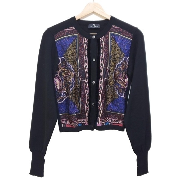 エトロ ETRO カーディガン サイズ42 M - 黒×ブルー×マルチ レディース 長袖/ニット/シルク/ベロア 美品 トップス_画像1