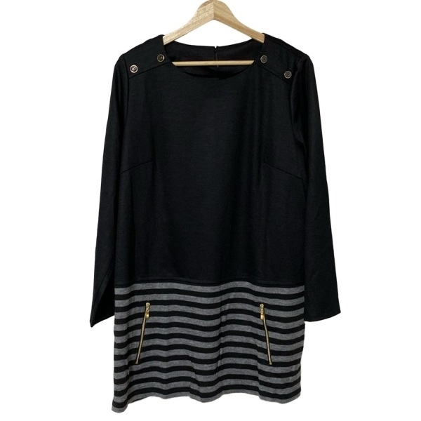 レリアン Leilian サイズ17+ XL - 黒×グレー レディース クルーネック/長袖/ひざ丈/ボーダー 美品 ワンピース_画像1