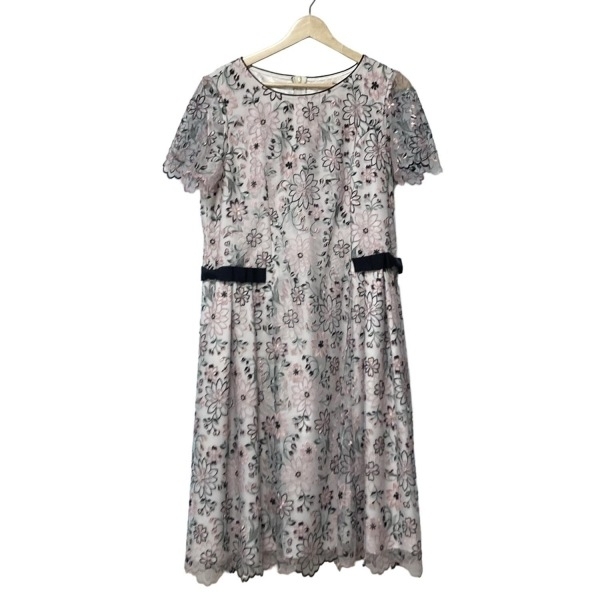 ローズティアラ Rose Tiara サイズ42 L ライトグレー×黒×ピンク レディース 半袖/チュール/リボン/刺繍/フラワー 新品同様 ワンピース_画像1