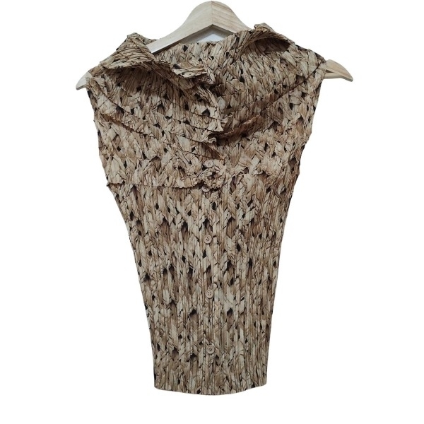 イッセイミヤケ ISSEYMIYAKE ノースリーブシャツブラウス サイズ2 M - ベージュ×ブラウン×黒 レディース プリーツ 美品 トップス_画像1