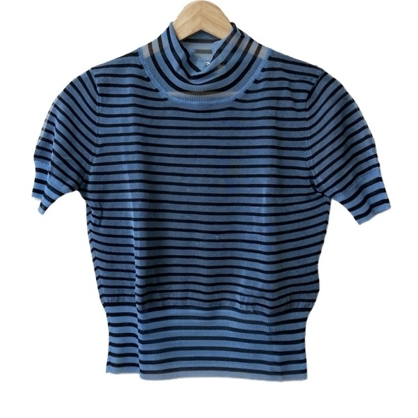  Fendi FENDI джемпер с коротким рукавом / вязаный размер 38 S - голубой × чёрный женский с высоким воротником / окантовка прекрасный товар tops 