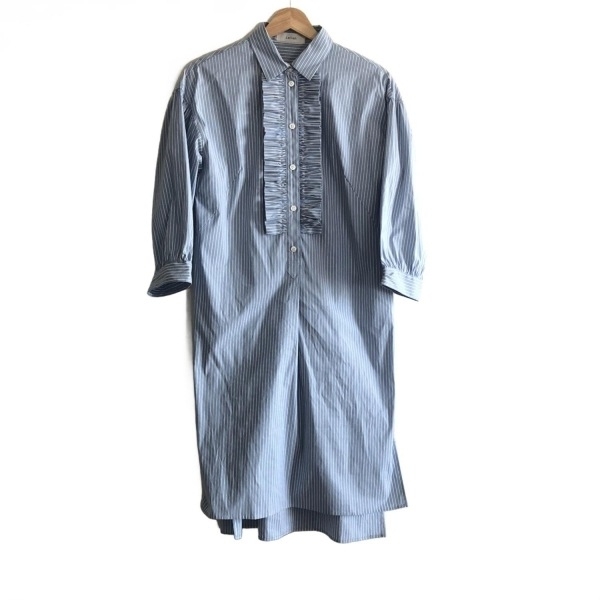 レリアン Leilian サイズ7 S - ライトブルー×白×黒 レディース レギュラーカラー/七分袖/ひざ丈/ストライプ/フリル/シャツワンピ_画像1