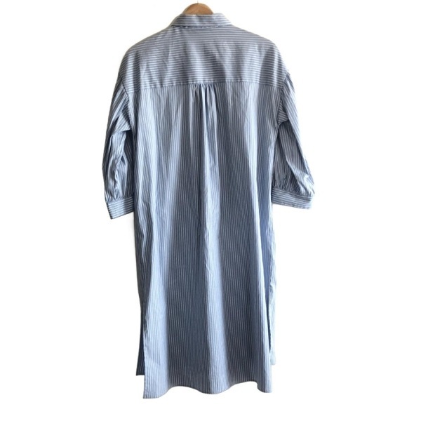 レリアン Leilian サイズ7 S - ライトブルー×白×黒 レディース レギュラーカラー/七分袖/ひざ丈/ストライプ/フリル/シャツワンピ_画像2