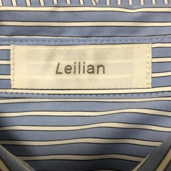 レリアン Leilian サイズ7 S - ライトブルー×白×黒 レディース レギュラーカラー/七分袖/ひざ丈/ストライプ/フリル/シャツワンピ_画像3