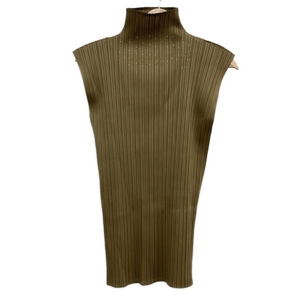 イッセイミヤケ ISSEYMIYAKE ノースリーブカットソー サイズM - ベージュ レディース ハイネック/ラインストーン/プリーツ トップス_画像1