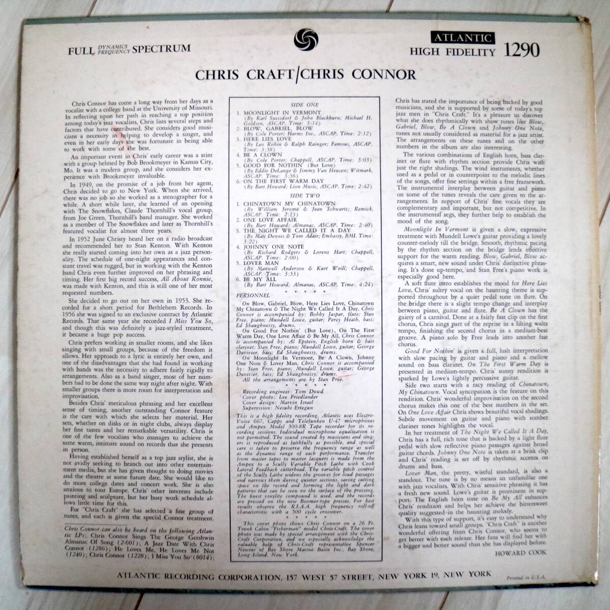 【LP/US盤/Mono/黒ラベル/深溝/コーティングJKT】Chris Connor / Chris Craft 1958年 Atlantic 1290 _画像2