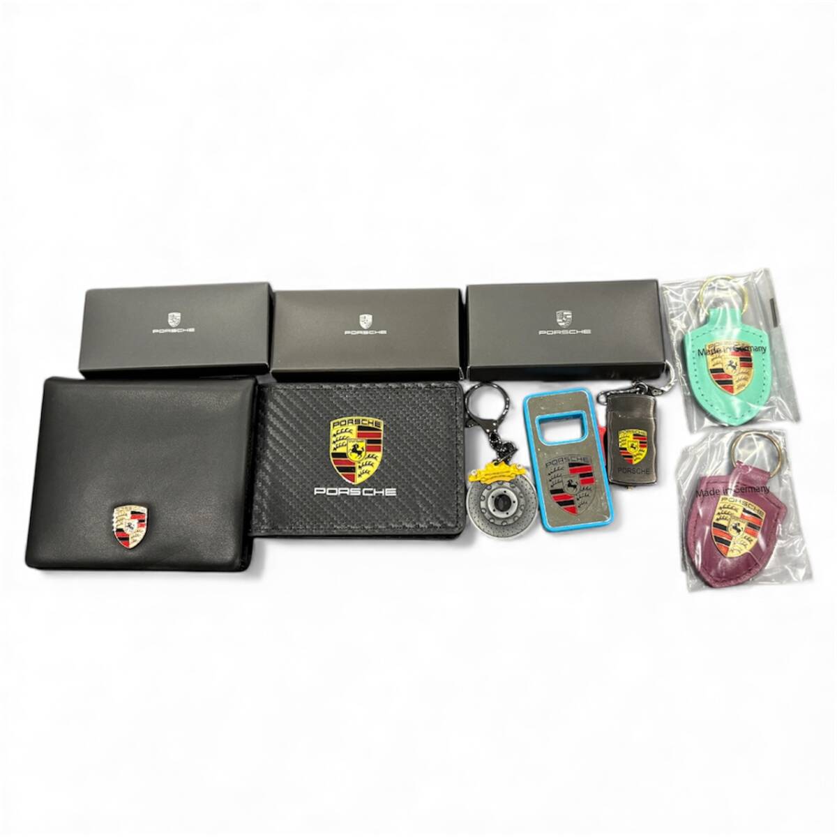 【管理201】ポルシェ 財布・カードホルダー・ライター2点・クレストキーリング2点・ブレーキディスクキーリング｜おまとめ5種類7点セット_画像1