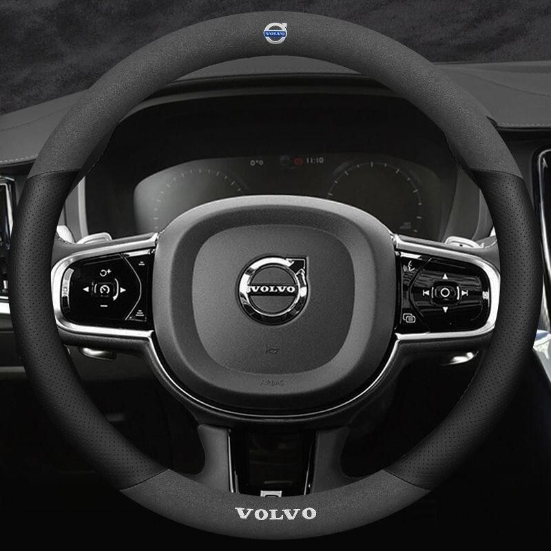 昇級版 ボルボ 専車ロゴ 高級 ハンドルカバー★アルカンターラ調+高品質レザー★滑り止め ステアリングカバー 高級感抜群_画像1