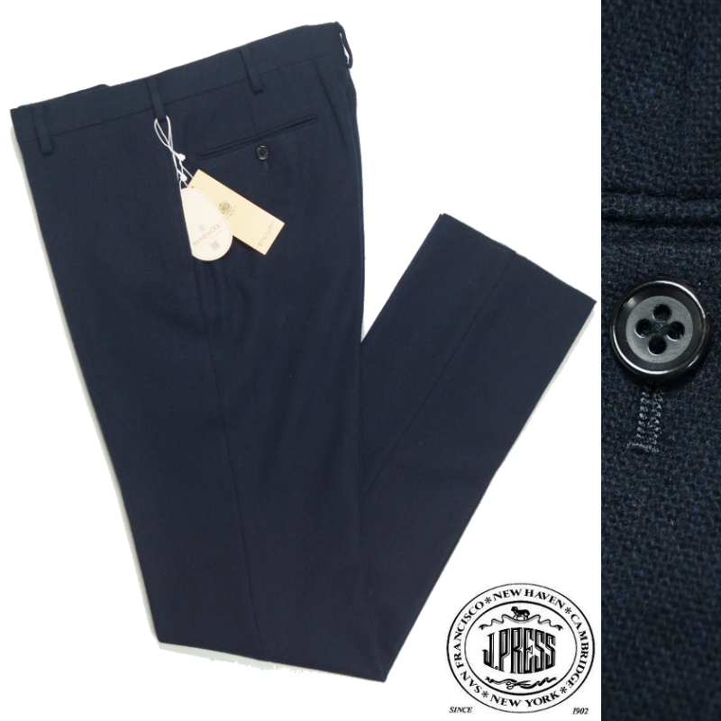 【新品・秋冬】定価2.53万 J.PRESS Jプレス《オン・オフ兼用》ジャパンツイード ホームスパン スラックスパンツ 82 濃紺 ノータック_画像1