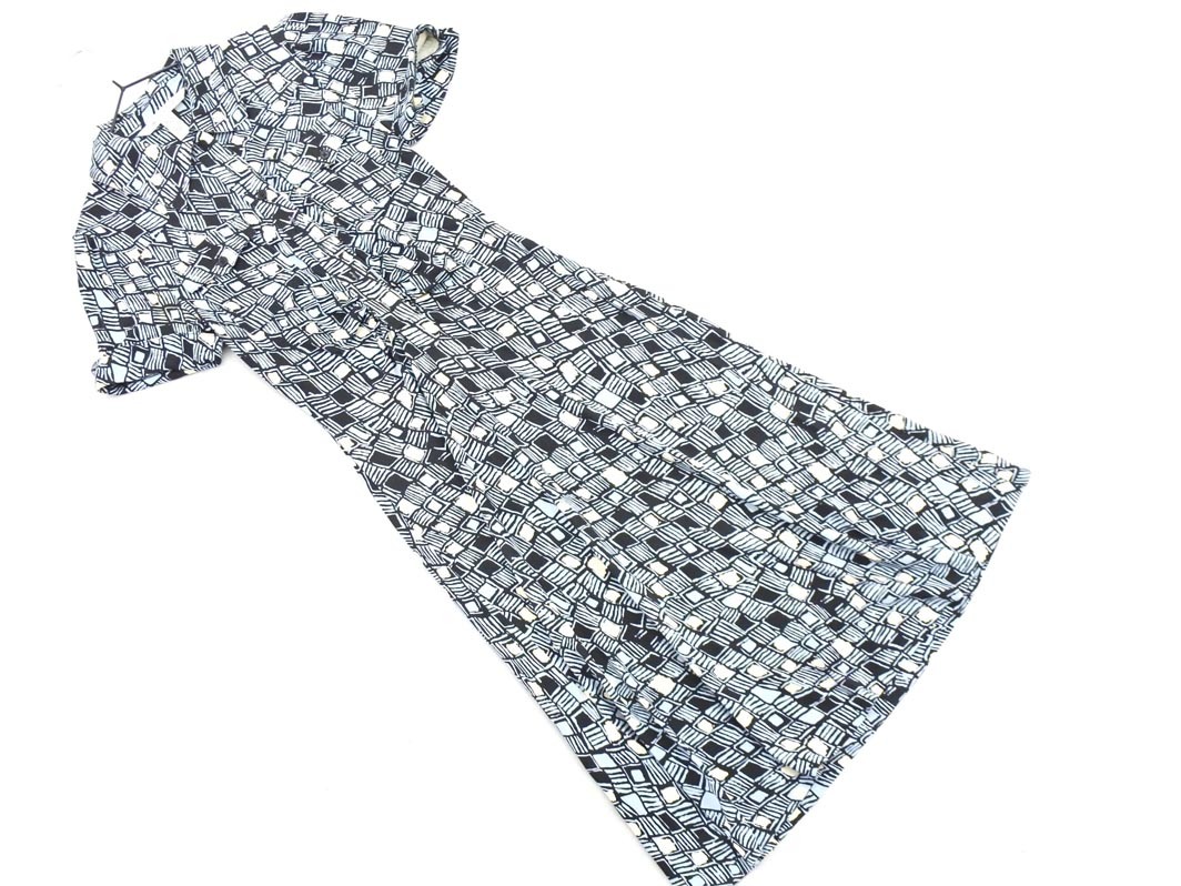 ダイアンフォンファステンバーグ シルク100% 総柄 シャツ ワンピース size2/黒xサックスxアイボリー ◇■ ☆ fka5 レディース_画像1