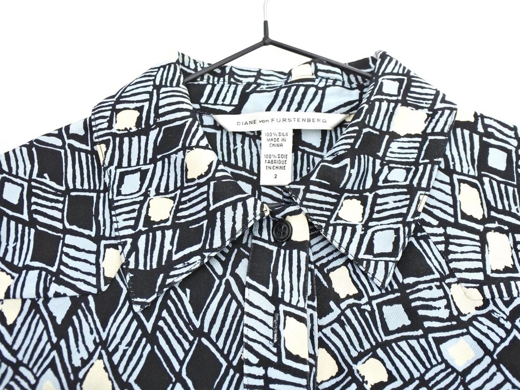 ダイアンフォンファステンバーグ シルク100% 総柄 シャツ ワンピース size2/黒xサックスxアイボリー ◇■ ☆ fka5 レディース_画像3