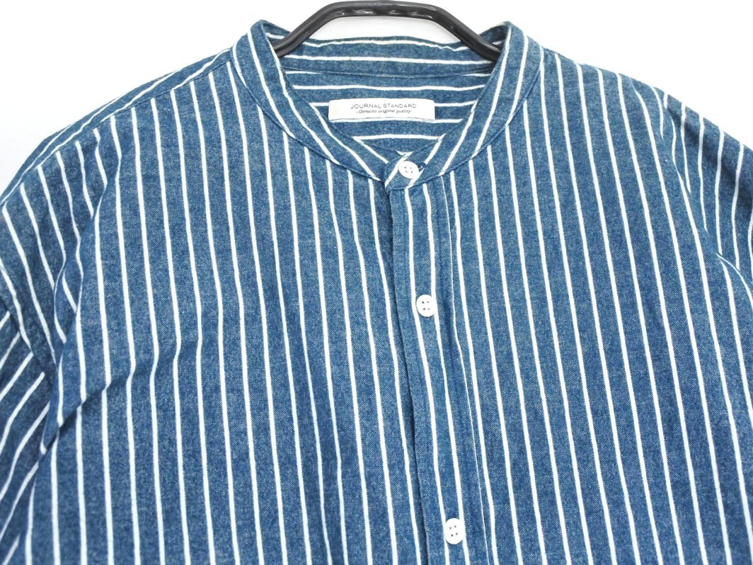 JOURNAL STANDARD ジャーナルスタンダード ストライプ バンドカラー ネル シャツ sizeM/白ｘ紺 ◇■ ☆ fkb7 メンズ_画像2