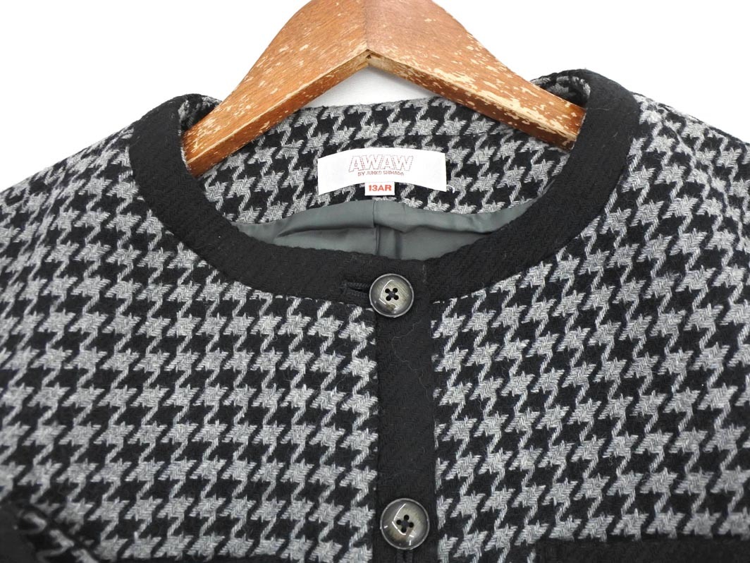 JUNKO SHIMADA ジュンコシマダ AWAW ウール混 千鳥柄 ノーカラー ジャケット size13AR/黒ｘグレー ◇■ ☆ fkb9 レディース_画像2