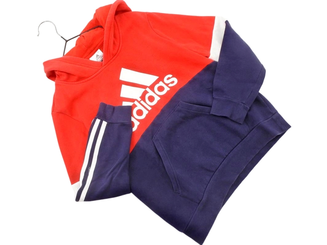adidas アディダス 裏起毛 カンガルーポケット プルオーバー パーカー 140cm 赤ｘ紺 ◇■ ☆ fkc1 男の子_画像1