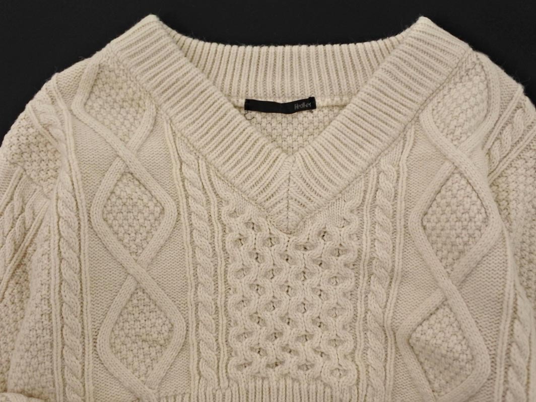 Heather ヘザー Vネック ケーブル編み ボリュームスリーブ ショート丈 ニット セーター sizeF/オフホワイト ◇■ ☆ fkc5 レディース_画像2