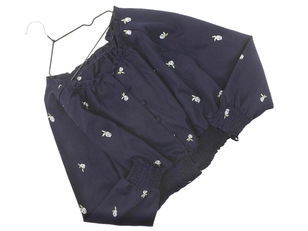 MAJESTIC LEGON マジェスティックレゴン 刺繍 花柄 ワイドネック シャツ sizeS/紺 ◇■ ☆ fkc6 レディース_画像1