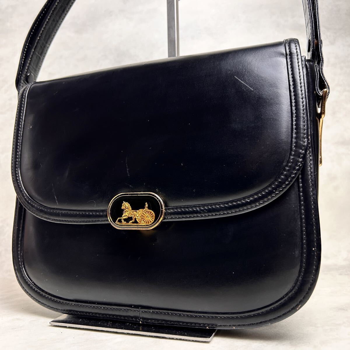 【極希少】CELINE セリーヌ フィービー期 馬車金具 90s 本革 レザー ワンショルダーバッグ ハンドバッグ ブラック_画像1