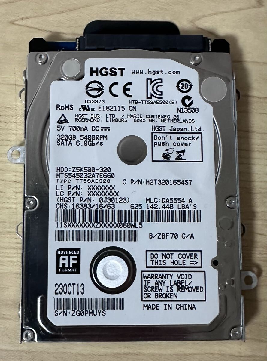 初期化済 動作確認済 HGST 2.5インチ HDD 320GB SATA 5400RPM HTS545032A7E660 マウンタ/アダプタ付 ノートPC用 ハードディスク 日立_画像1