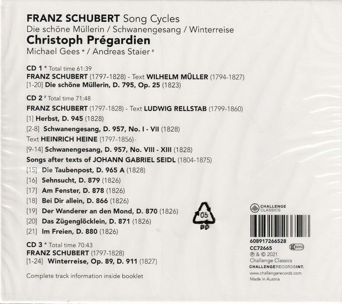 プレガルディエン★シューベルト／三大歌曲集,他【3CD】_画像2