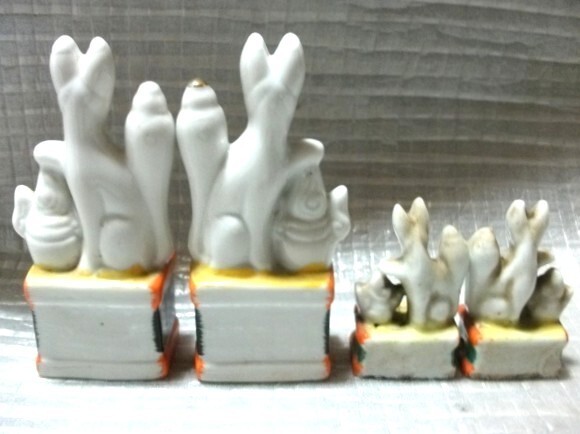 古猫】お稲荷様 狐きつね二対4体●高さ57mm・103mm●お稲荷さん 魔除け 縁起物 キツネ 陶器 アンティーク 神社_画像5