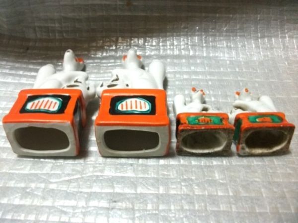 古猫】お稲荷様 狐きつね二対4体●高さ57mm・103mm●お稲荷さん 魔除け 縁起物 キツネ 陶器 アンティーク 神社_画像9