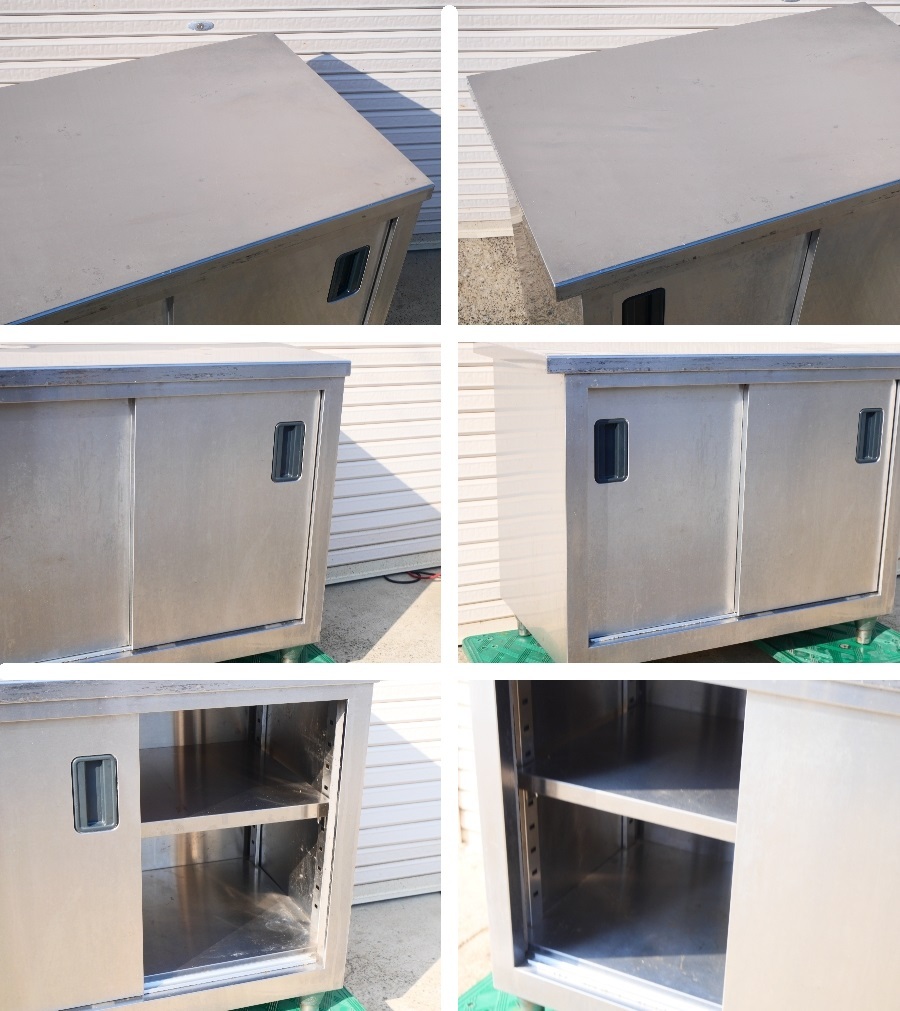 M150Mちょる【厨房機器】業務用ステンレスキャビネット 戸棚 食器庫 収納棚 両開き スライド扉 棚付<幅985×奥行600×高さ810mm>_画像5