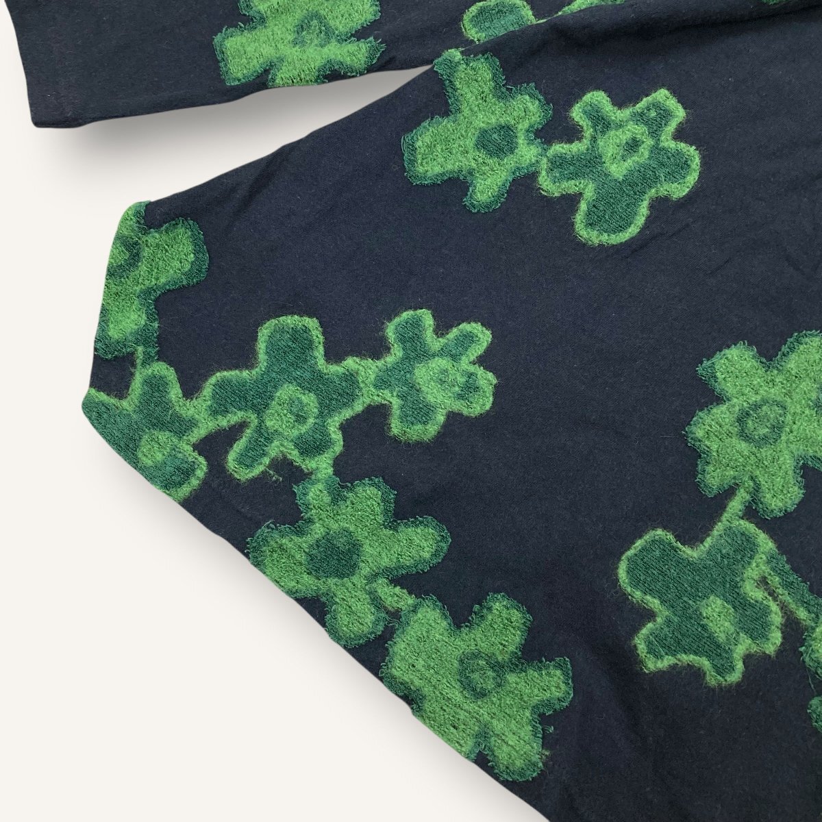 美品 慈雨/センソユニコ 花柄ジャガードコットンウールニットプルオーバー 40紺緑 sc955_画像7