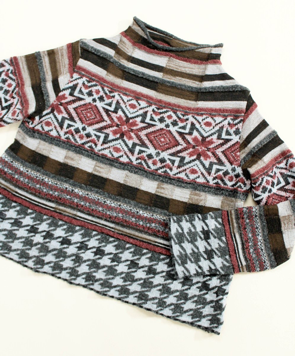 ☆美品☆慈雨センソユニコ/オルテガ柄ジャガードウール長袖ニットプルオーバー:40/灰系yx773_画像1