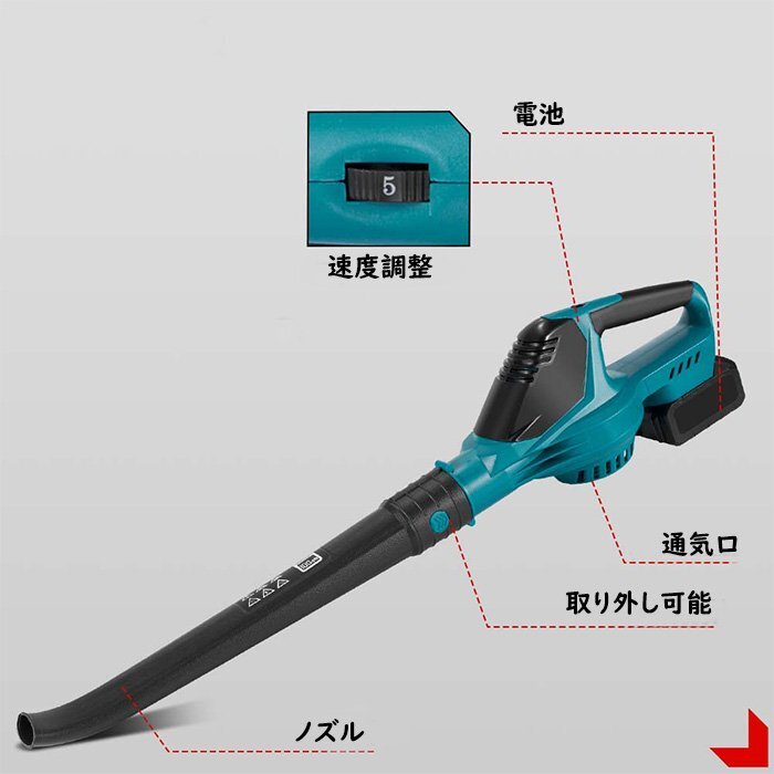 充電式ブロワー コードレス 充電式エンジンブロワー バッテリー2個搭載 超大風量 車両洗車 手持ち式 5段階風量 軽量 落ち葉 掃除 除雪_画像3