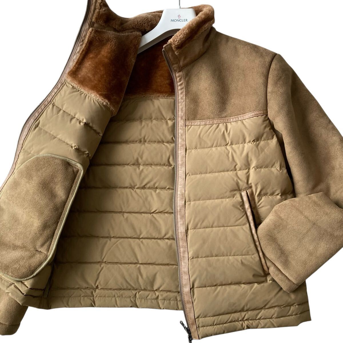 Lサイズ MEN’S BIGI メンズビギ ムートン 切替 ダウンジャケット ジップ ブルゾン レザー調 メンズ ブラウン系_画像1