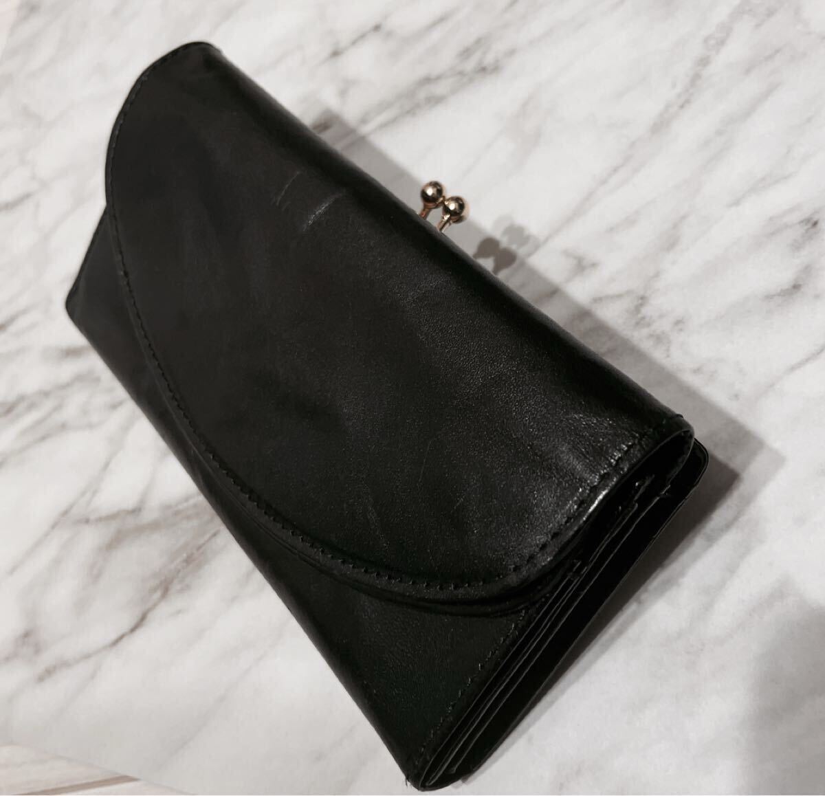 perche ペルケ 黒 レザー 長財布 がま口財布 大容量 収納力抜群 多機能 ブラック レディース財布_画像1