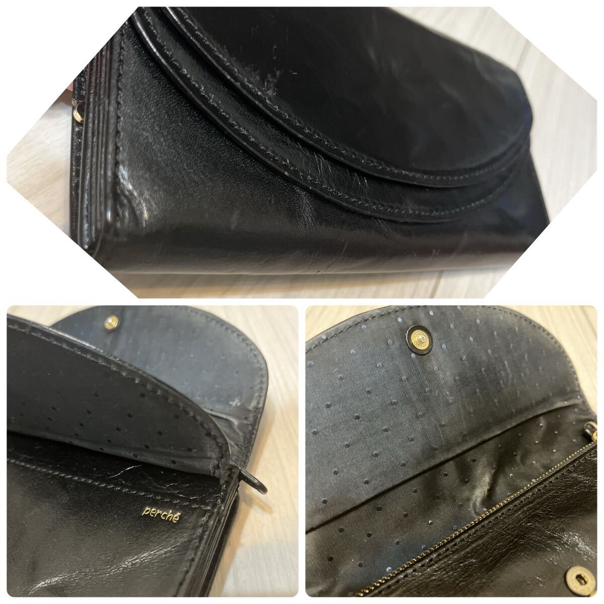 perche ペルケ 黒 レザー 長財布 がま口財布 大容量 収納力抜群 多機能 ブラック レディース財布_画像9
