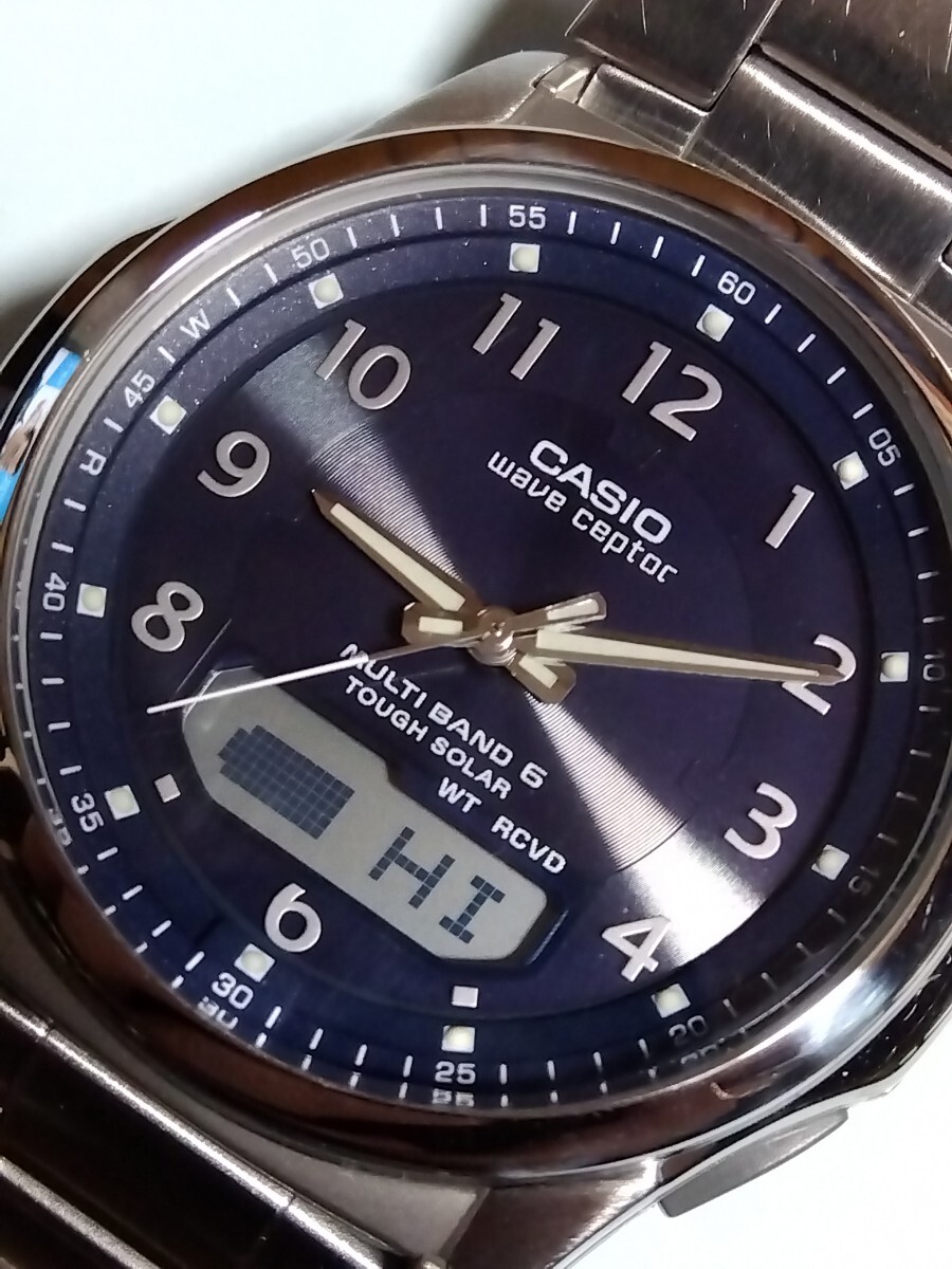 CASIO腕時計 wave ceptor WVA-M630 ソーラー電波 ネイビー 数字文字盤 バンド調整説明コピー付 洗浄済 良品_画像2