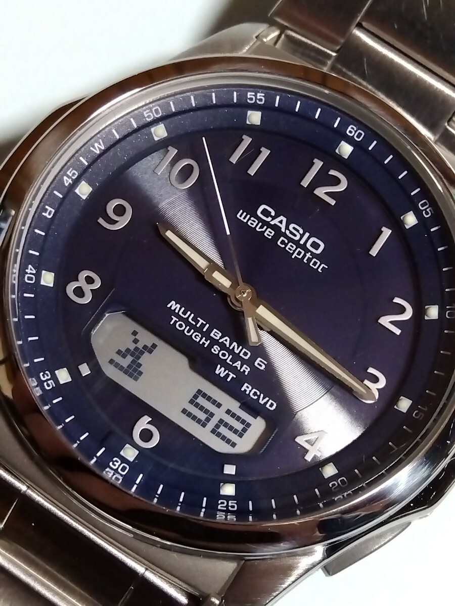 CASIO腕時計 wave ceptor WVA-M630 ソーラー電波 ネイビー 数字文字盤 バンド調整説明コピー付 洗浄済 良品_画像3