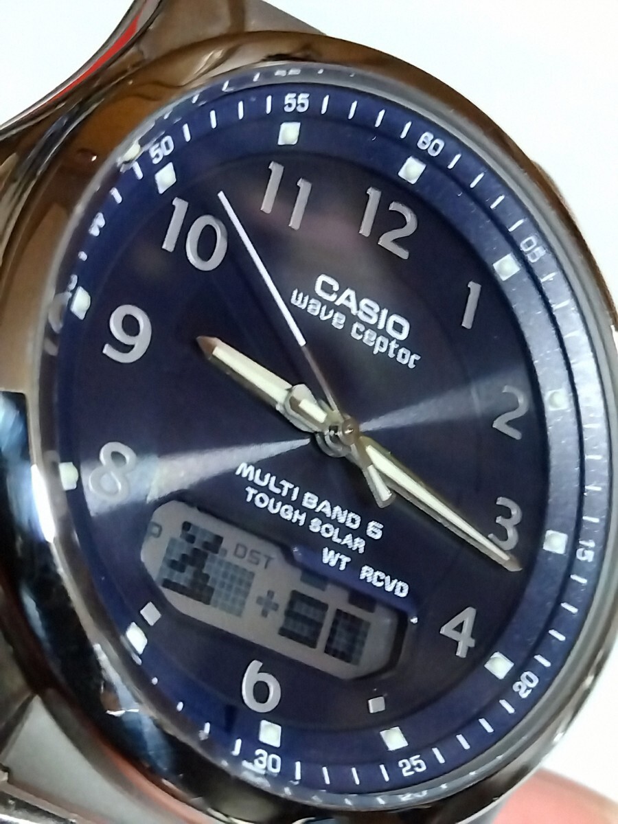 CASIO腕時計 wave ceptor WVA-M630 ソーラー電波 ネイビー 数字文字盤 バンド調整説明コピー付 洗浄済 良品_画像4