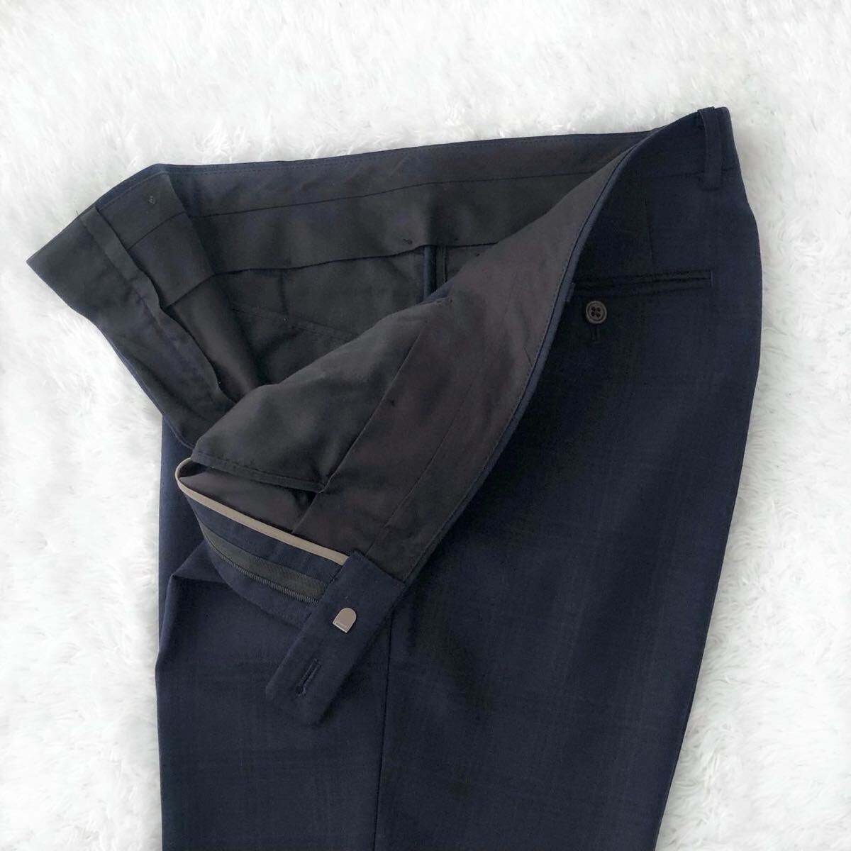 極美品★麻布テーラー Grand Marquis生地 スリーピース スーツ ネイビー チェック セットアップ 段返り シングル ウール 春秋冬 M位 H36_画像9