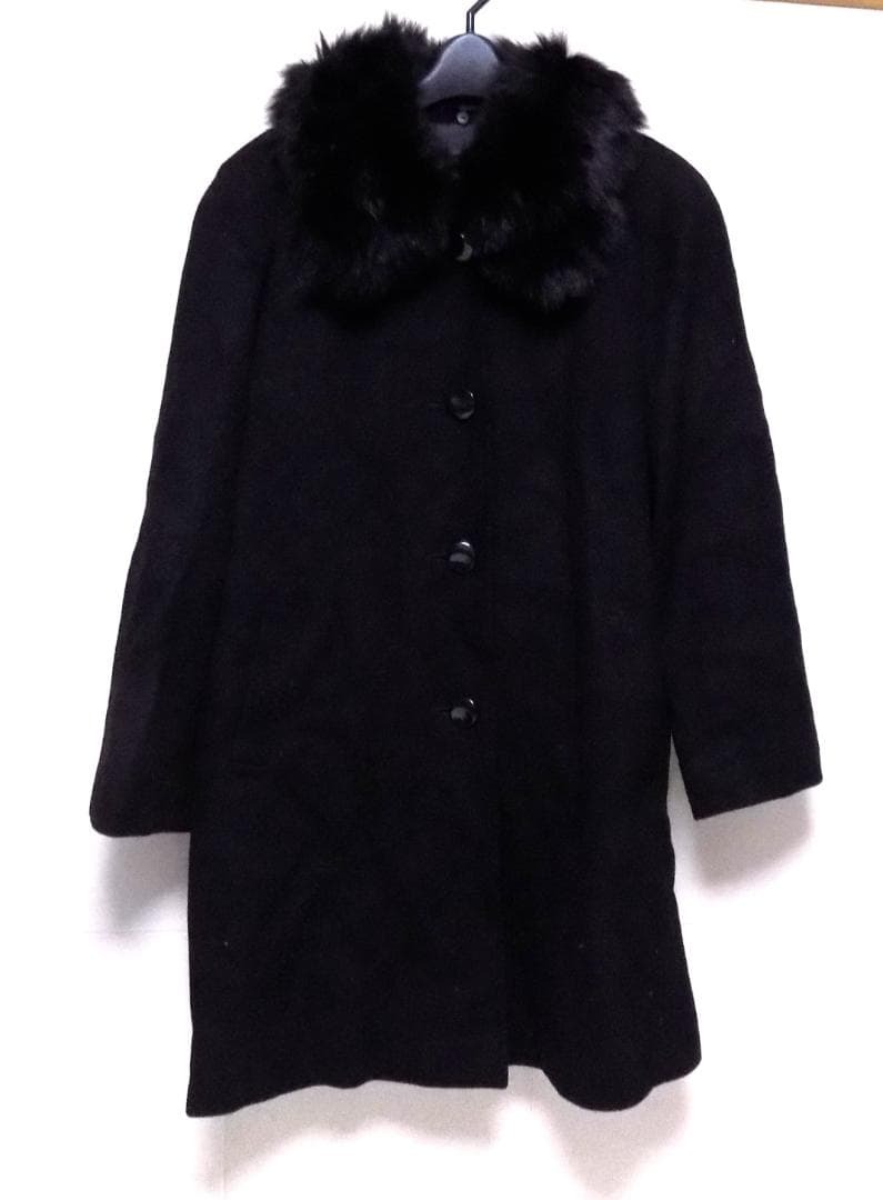 HIGH SENSE　黒カシミヤ混コート M　ブルーフォックスの襟付き　フォーマル　学校行事　通勤に_画像1