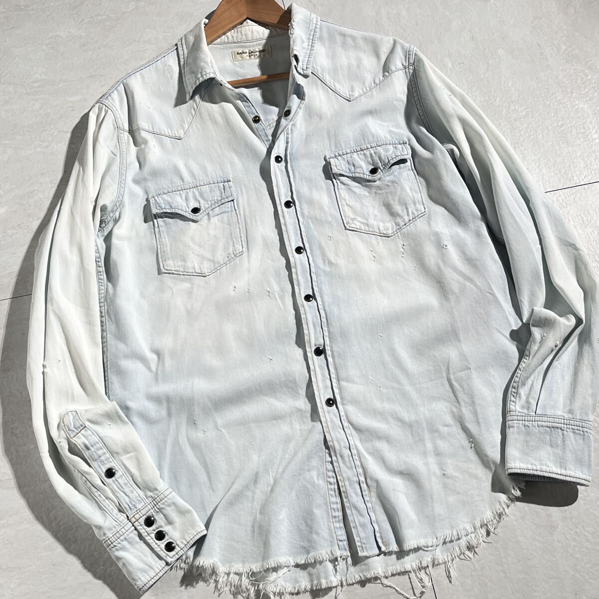 超美品/XL/現行タグ ●SAINT LAURENT【存在感抜群/ダメージ加工】サンローラン メンズ デニムシャツ フリンジ加工 ライトブルー ゆったり_画像10