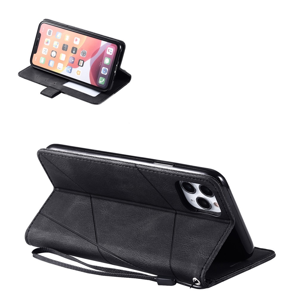 iPhone 15 ブラック 手帳型 レザー ケース カード,写真入＆内ポケット ストラップ付 (格子柄)_画像3