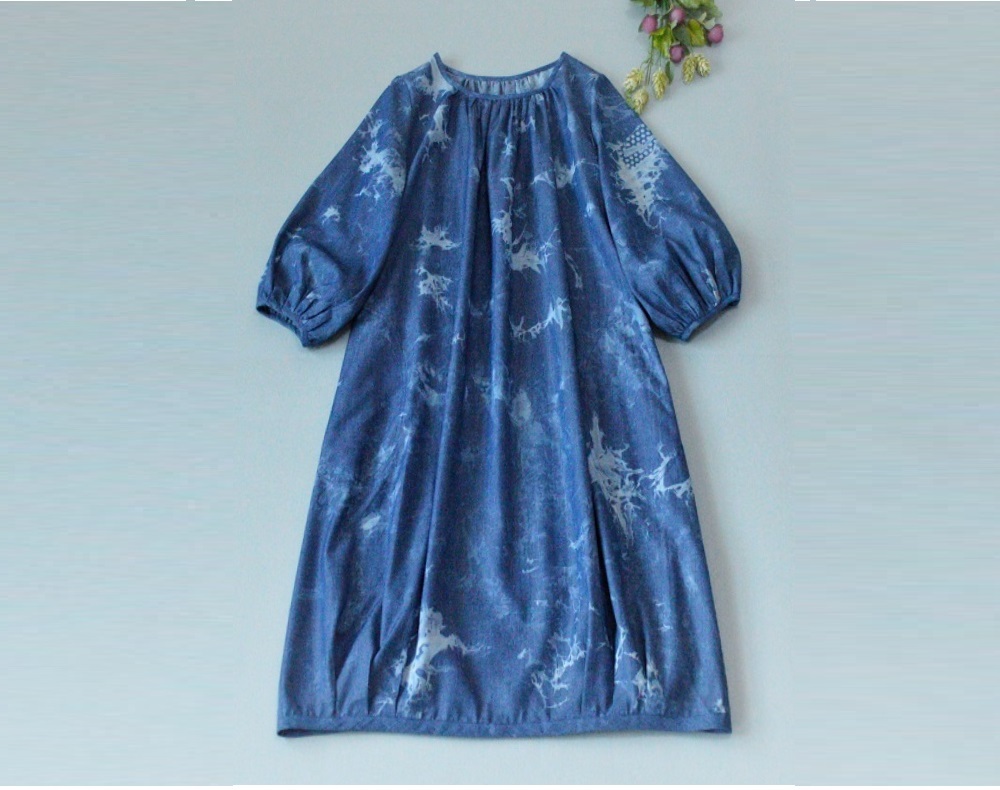 コットン100%絞り染プリント薄地ポケット付き大人可愛い八分袖ワンピース♪_画像2