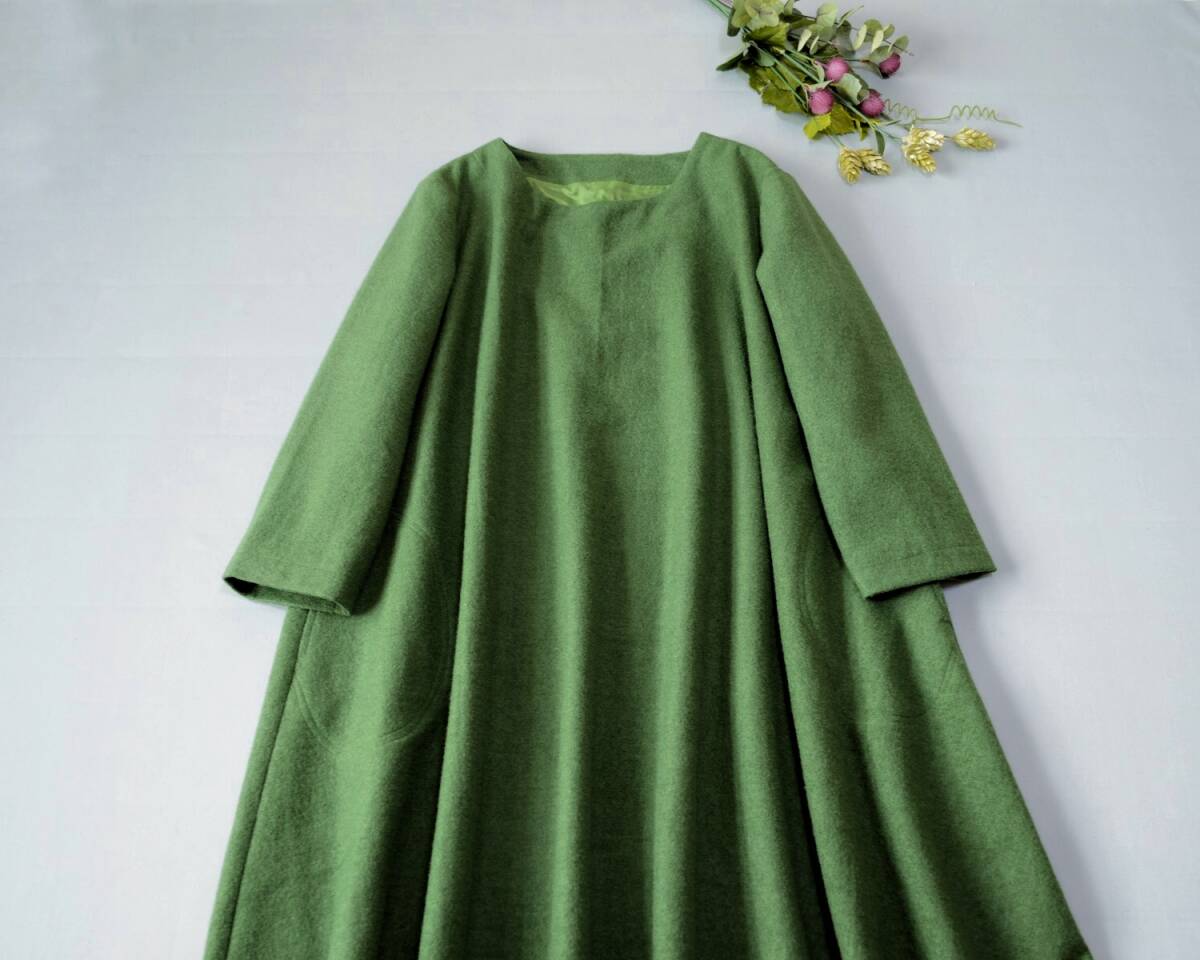 総裏ウール混両脇ポケット付きシンプルなワンピース♪【グリーン】_画像1