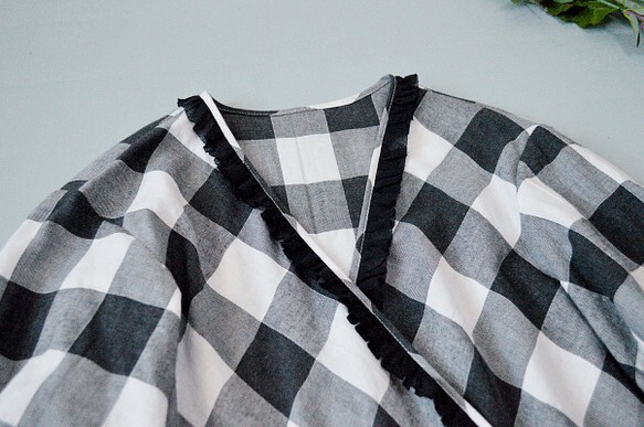 コットン100%チェック柄フリル付きポケットあり大人可愛い七分袖カシュクールワンピース♪_画像3