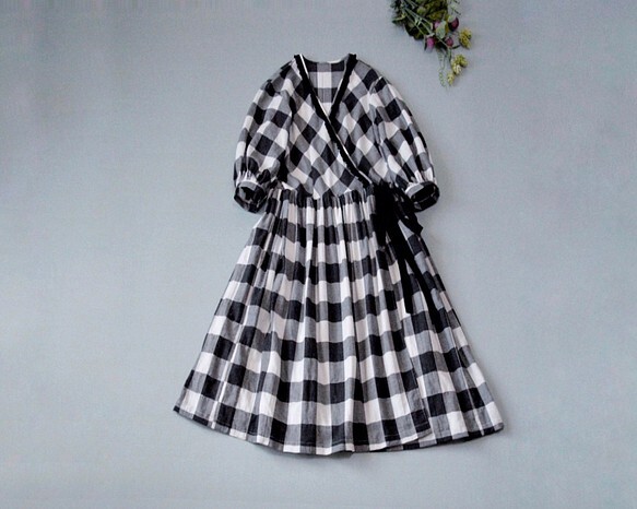 コットン100%チェック柄フリル付きポケットあり大人可愛い七分袖カシュクールワンピース♪_画像2