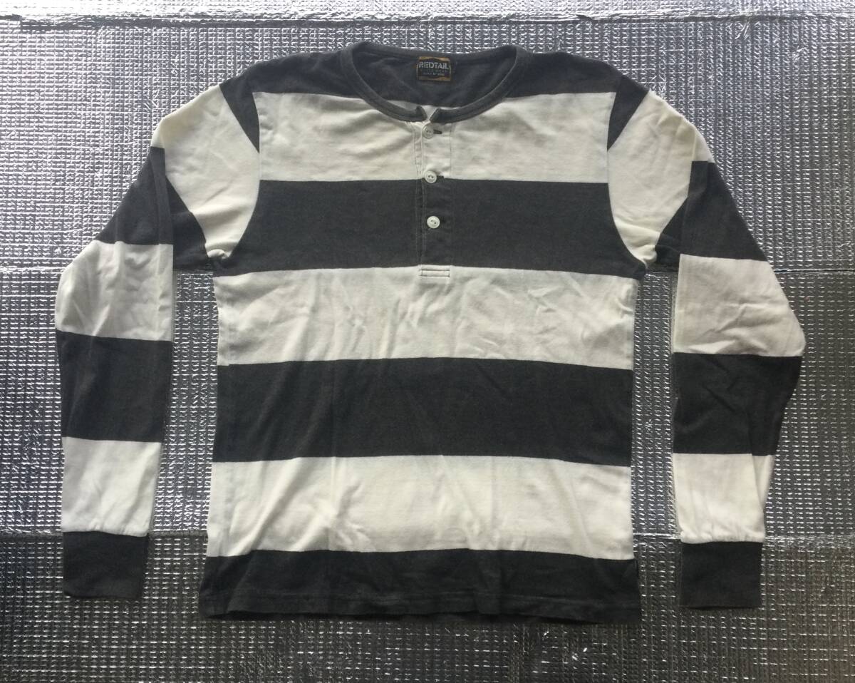 日本製【RED TAiL レッドテイル★ボーダー囚人プリズナー柄★白/黒★ヘンリーネックロングＴシャツ】ハーレー　ショベル　バイカーアメカジ_画像1