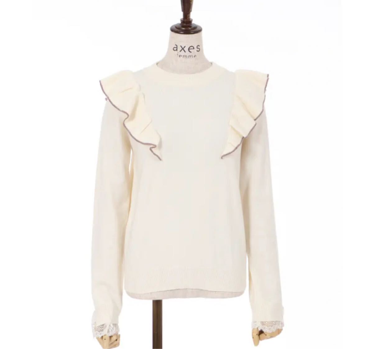 アクシーズファム☆バイカラー肩フリルニットプルオーバートップス☆used_画像2