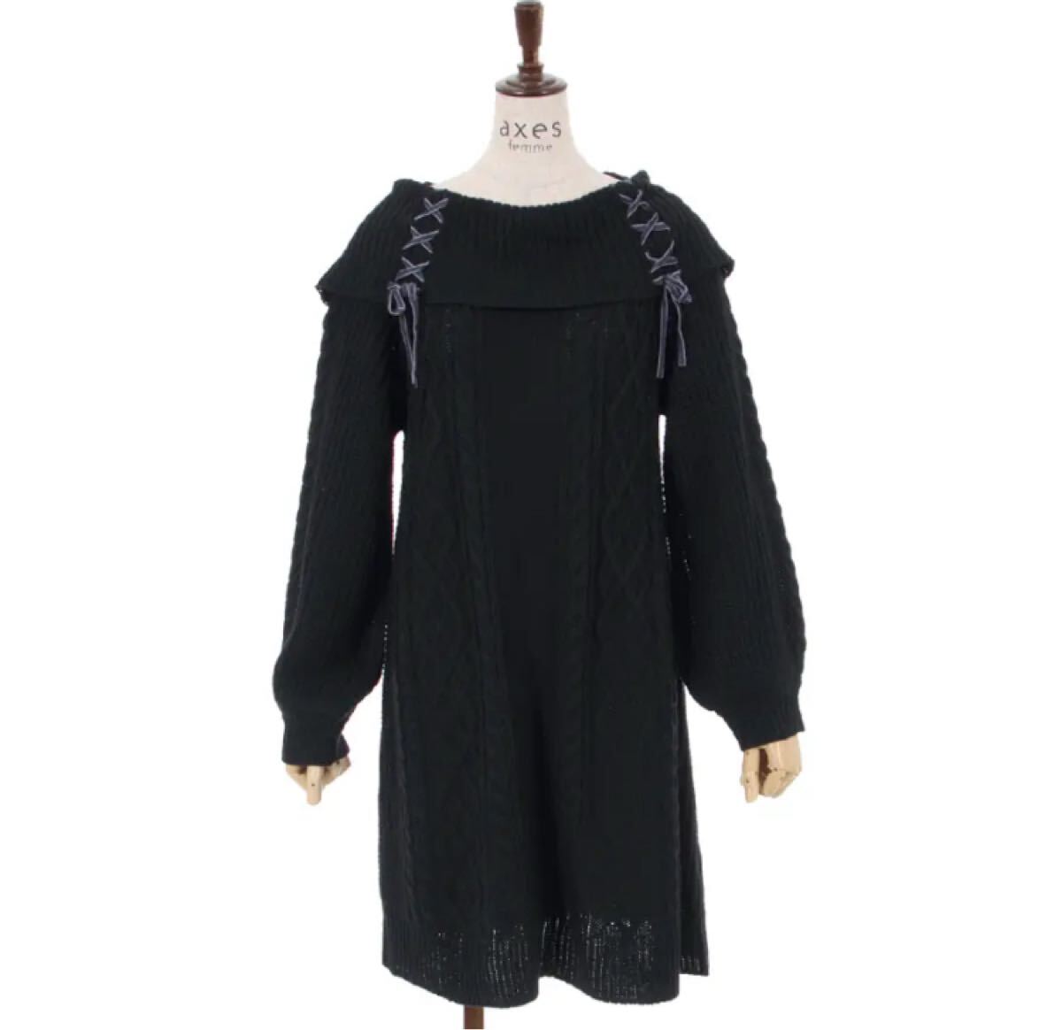 アクシーズファム☆W編み上げニットチュニック.ワンピース☆used Dグリーン.黒系_画像2