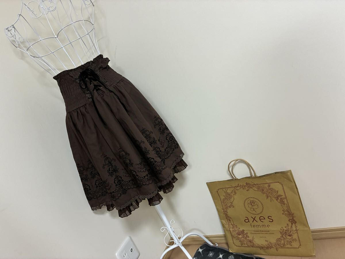 アクシーズファム☆レースアップベロアリボン飾り裏地裾プリーツシフォン切り替えフロッキーPTフレアスカート☆used ウエストゴム伸び_画像1