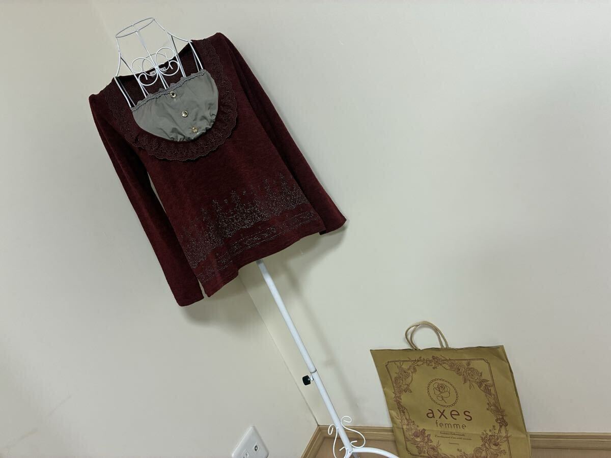 アクシーズファム☆レース.ボタン飾り生地切り替え裾ラメプリントレイヤード調ニットプルオーバートップス☆used_画像1